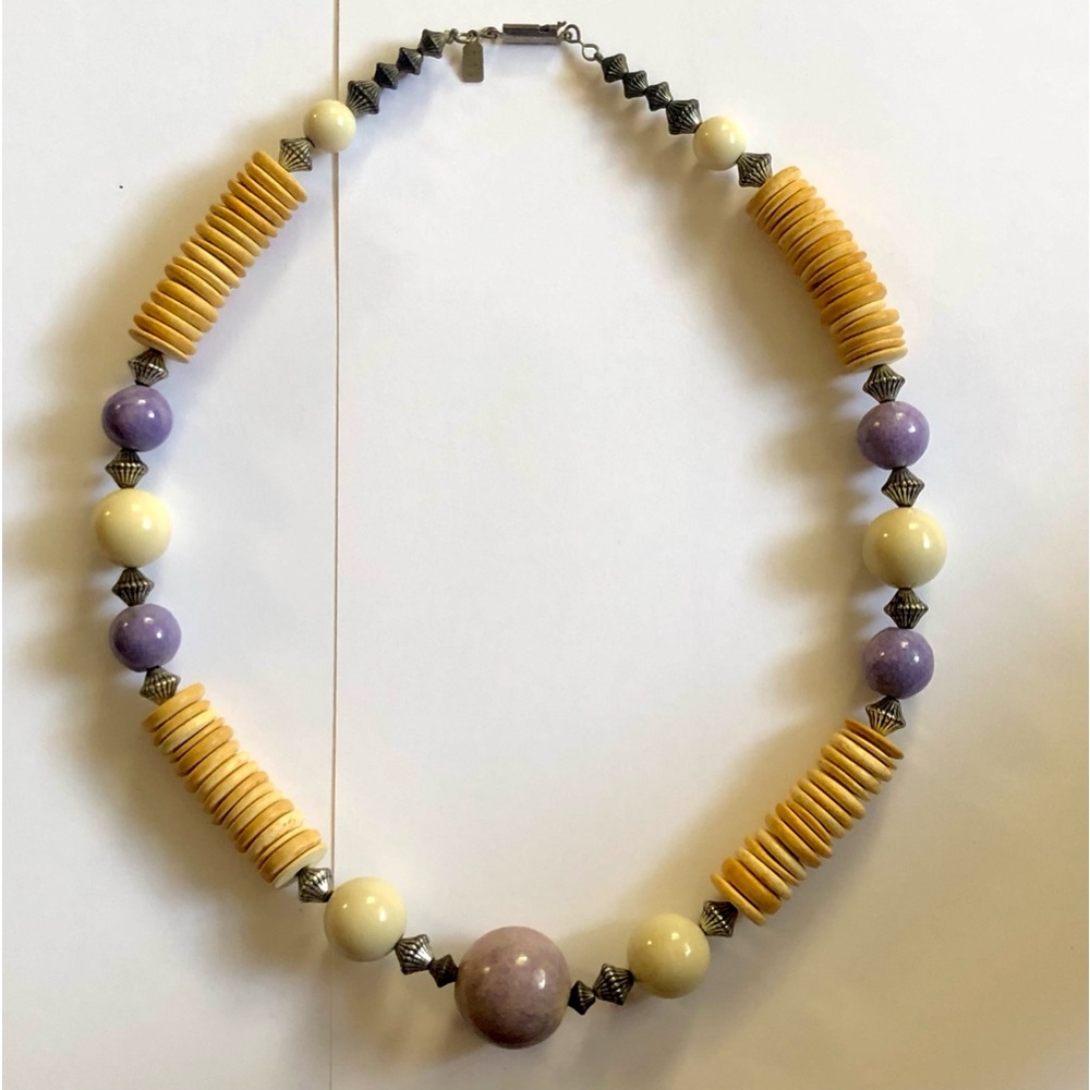 Wood ceramic metal beads necklace Mary Ellen Stewart m.e. Lilac purple c…